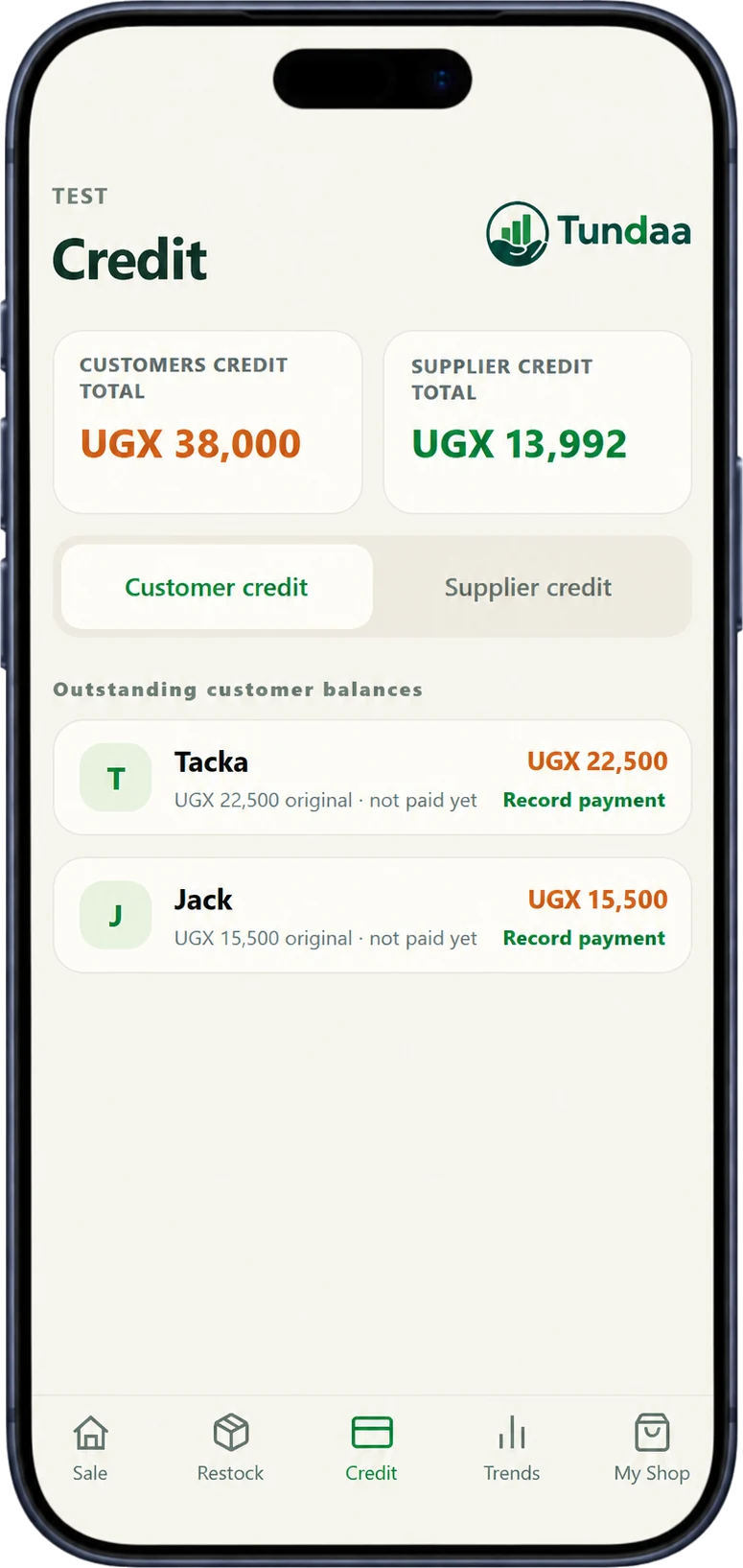 Credit overview screen